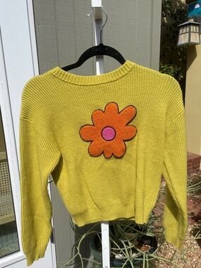 Kids Forever 21 Yellow Cropped Crewneck Sweater with Orange & Pink Flower Patch